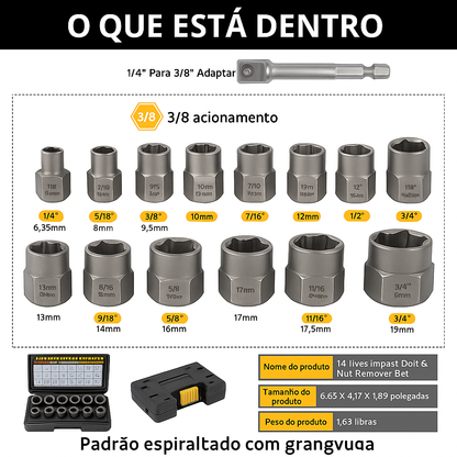 Conjunto de 14 chaves de soquete para extração de porcas